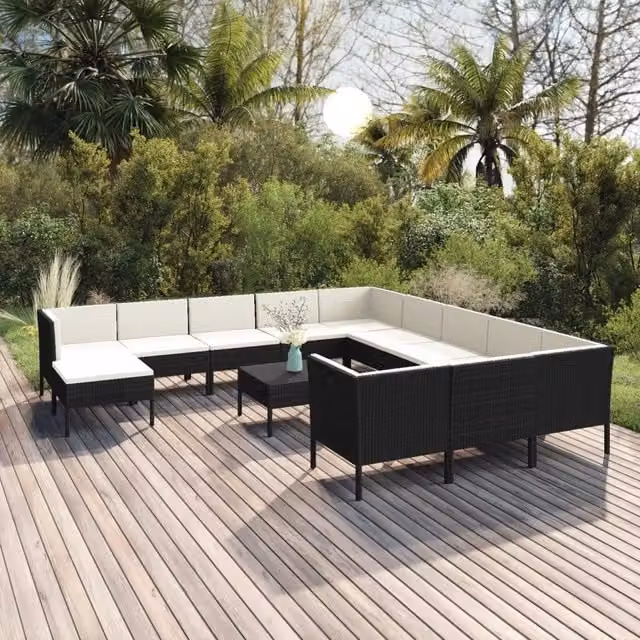 Set di Divani da Giardino a Forma di U con Cuscini e Tavolino vidaXL, Colore Nero e Bianco