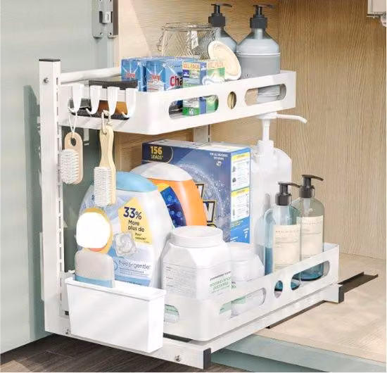 Mobile da cucina a incasso, armadietto da cucina a doppio ripiano, angolo cottura, ripiano impilabile sotto il lavello, cassettiera per la cucina e il bagno, regolazione in altezza, bianco.