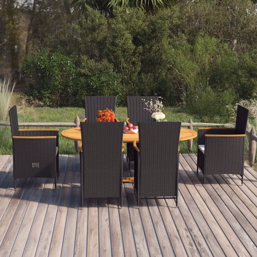 The Living Store Set da pranzo da giardino 7 pezzi in poly rattan nero