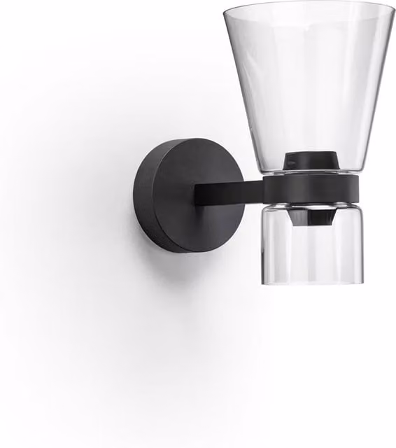 Applique a parete Flos Nocturne Cone in vetro trasparente e alluminio nero con tecnologia LED dimmabile e luce bianca calda