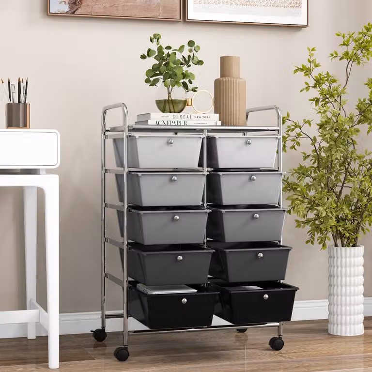 Carrello organizzatore multiuso Costway con 10 cassetti e ruote, ideale per ufficio e scrapbooking, Nero e Argento