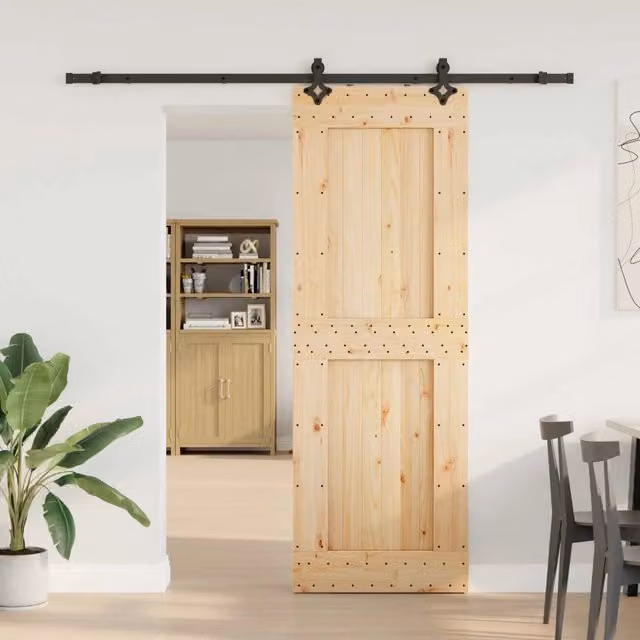 Porta scorrevole moderna vidaXL NARVIK in legno e acciaio, colore naturale e nero, L: 80 cm, H: 210 cm (altezza totale 213,5 cm)