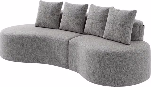 Divano 240x109x60 cm in tessuto di lino grigio chiaro con 4 cuscini e portabevande