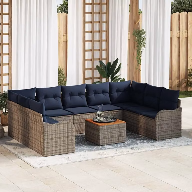 Set Divano da Giardino L-Shape vidaXL in Polyrattan Grigio con 10 Pezzi e Cuscini Inclusi