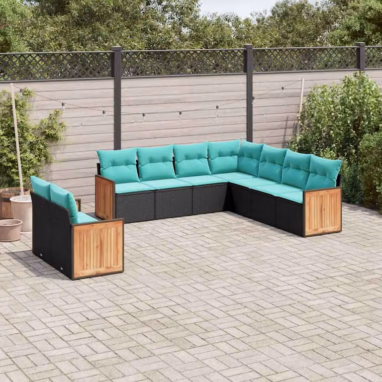 Set di divani da giardino vidaXL in polyrattan nero con cuscini e struttura in legno di acacia, composizione a forma di U con elementi angolari e divani a 2 posti