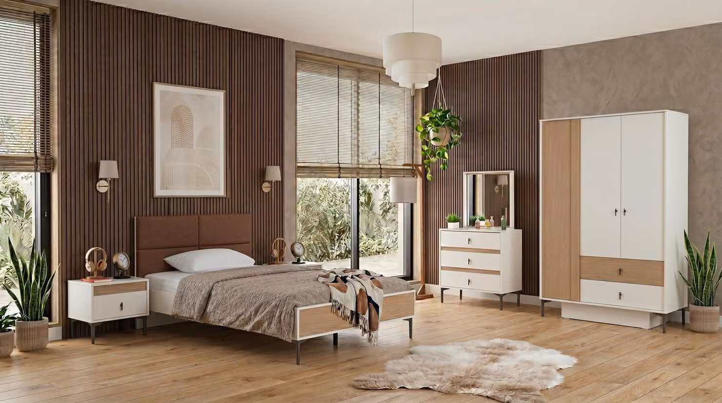Letto, armadio, comò e comodini moderni, in stile minimalista, per una camera da letto giovanile in bianco