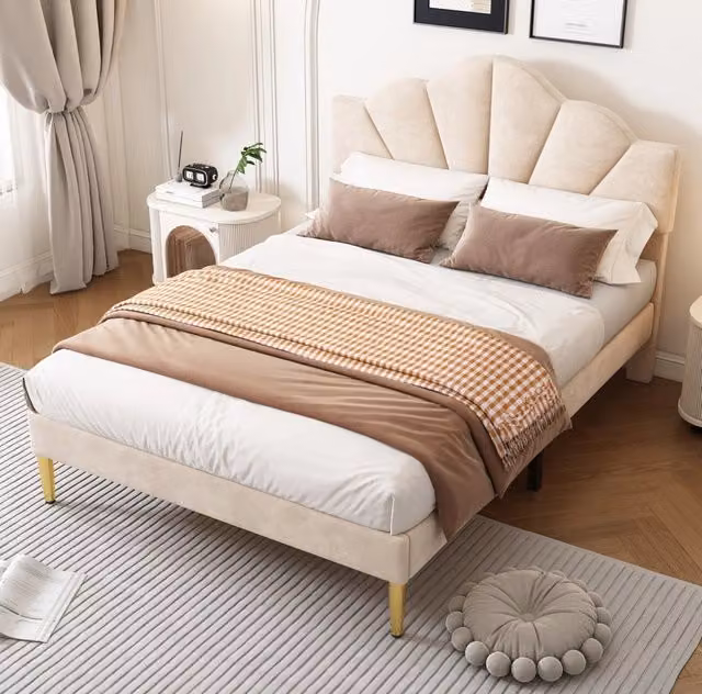 Letto matrimoniale 140x190 cm; testiera regolabile; velluto; beige (Senza materasso)