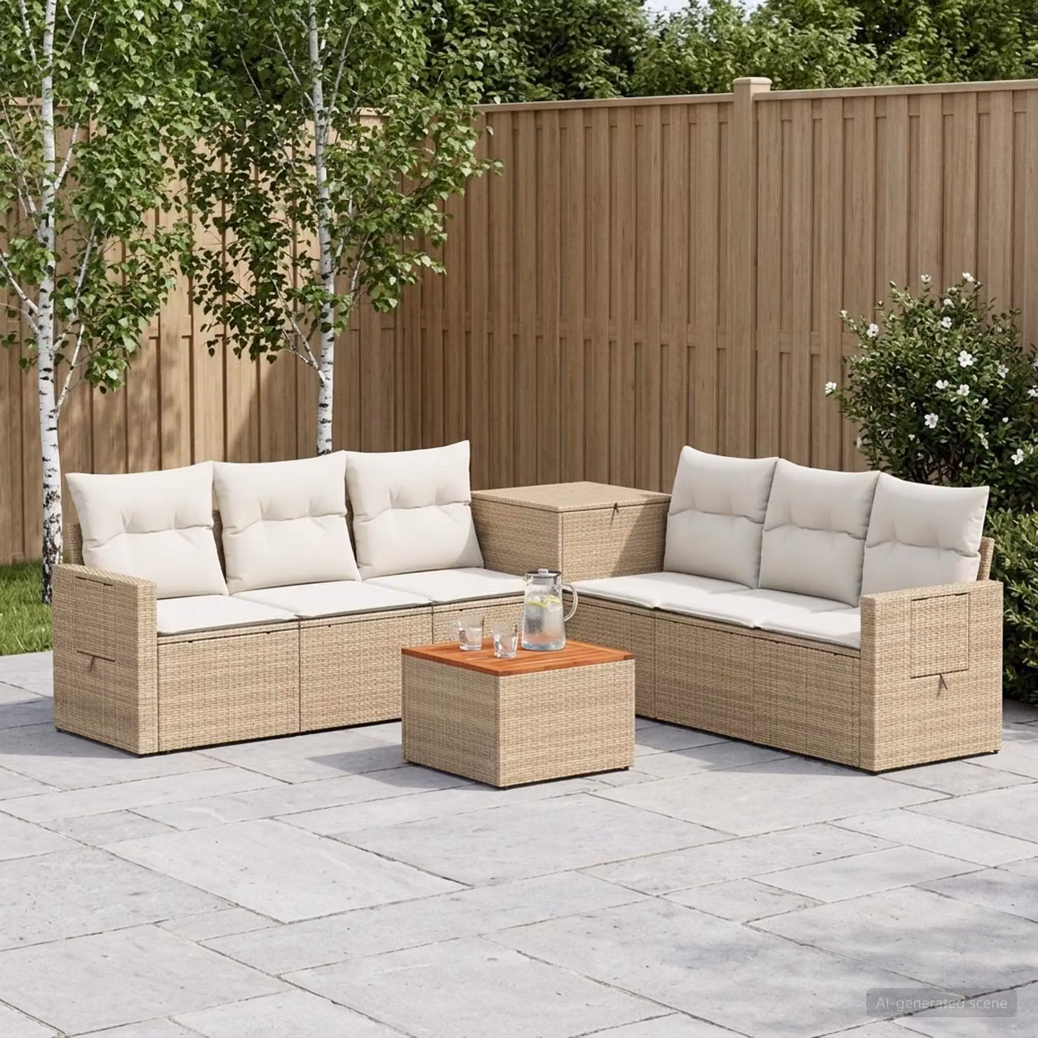 vidaXL Set di divani da giardino a forma di U in polyrattan con tavolo da caffè, 8 pezzi, Beige e Bianco Crema