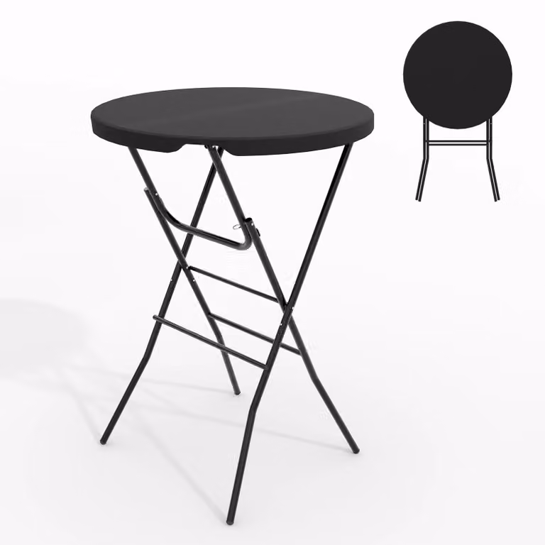 Tavolino cocktail pieghevole rotondo - Tavolino alto da 81 cm - Piano in HDPE - Struttura in metallo con gambe regolabili e bloccabili - Adatto per giardino ed eventi, sia interni che esterni - Colore: nero