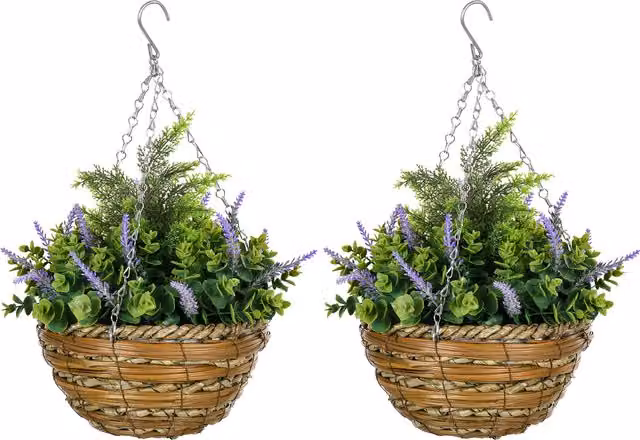 Set di 2 Piante Artificiali Lisianthus Outsunny con Vaso in Vimini e Gancio per Appendere, Verde e Viola, Ø25 x H 34 cm