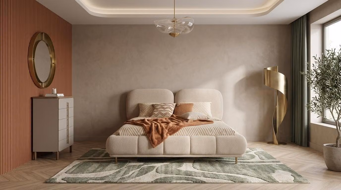 Comodino Bett, stile moderno, colore beige, aspetto morbido e confortevole