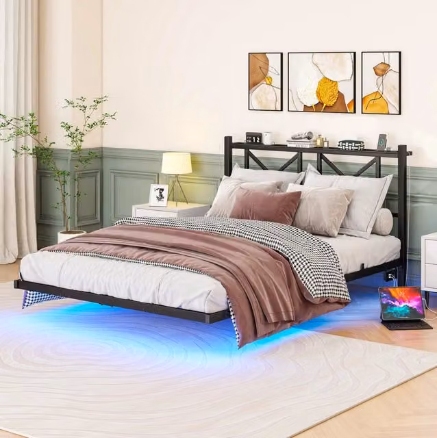 Letto matrimoniale 140x200 cm nero in metallo; LED e stazione di ricarica