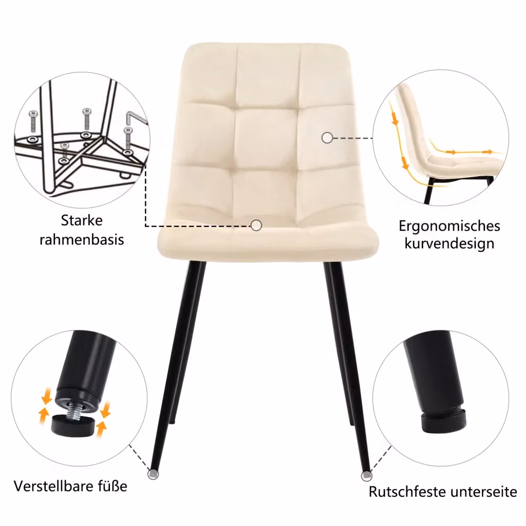 Set di 4 sedie da pranzo imbottite REDOM in velluto beige con struttura in legno e metallo, L: 44 cm, P: 41 cm, H: 86 cm – 2