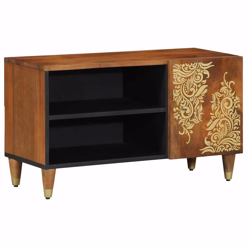 Mobile TV vidaXL in legno di mango massello e metallo, colore marrone, L 80 cm x P 33 cm x H 46 cm