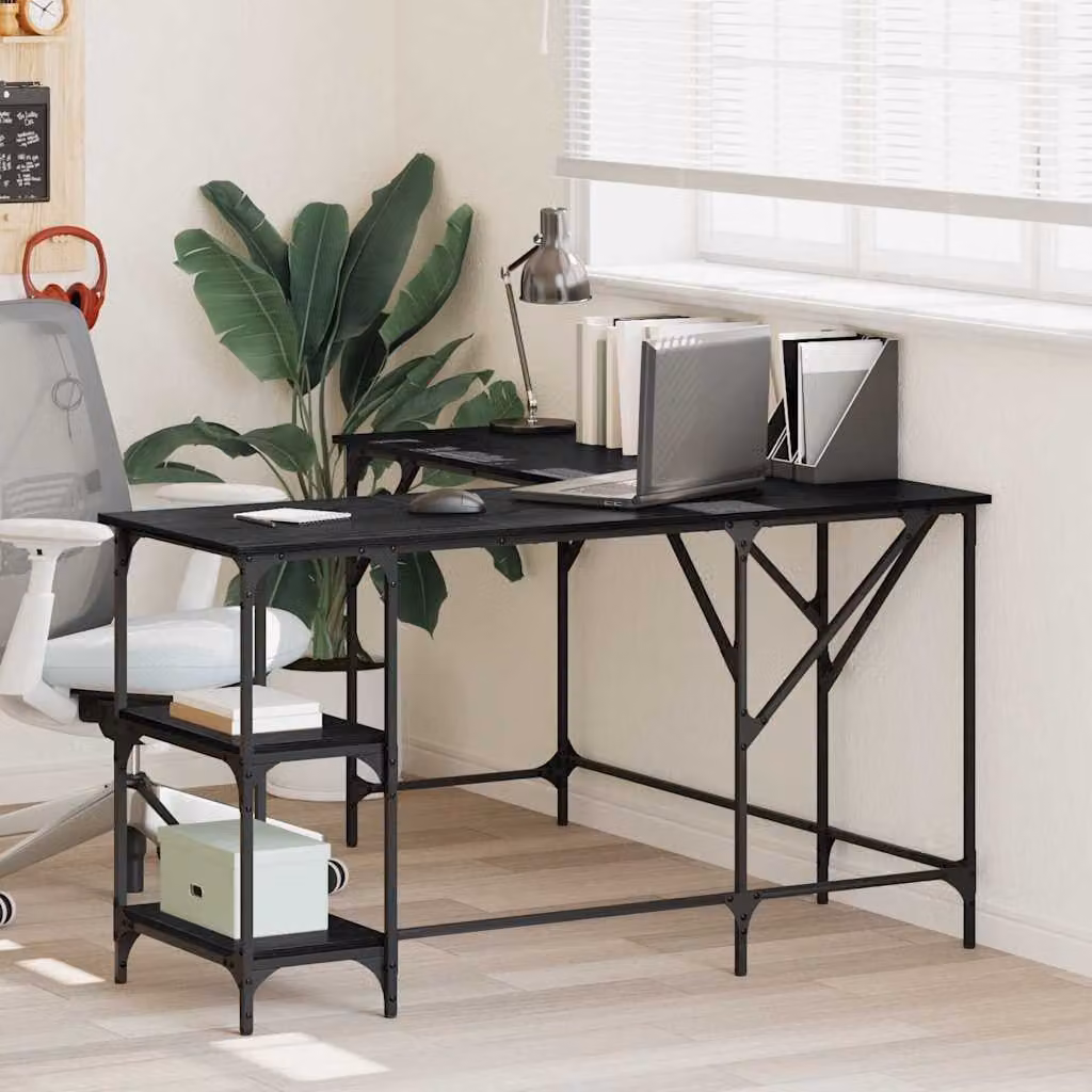 Scrivania angolare vidaXL in stile industriale, colore nero e rovere, in legno MDF e metallo, L/P/H: 139 x 139 x 75 cm