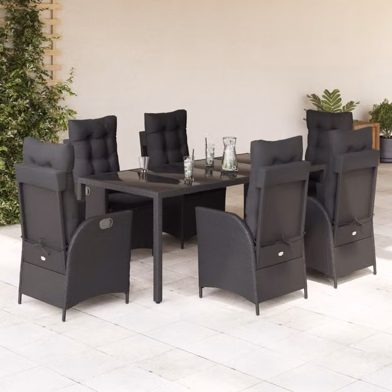 Set da Pranzo da Giardino vidaXL 7 pz in Polyrattan Nero con Piano in Vetro