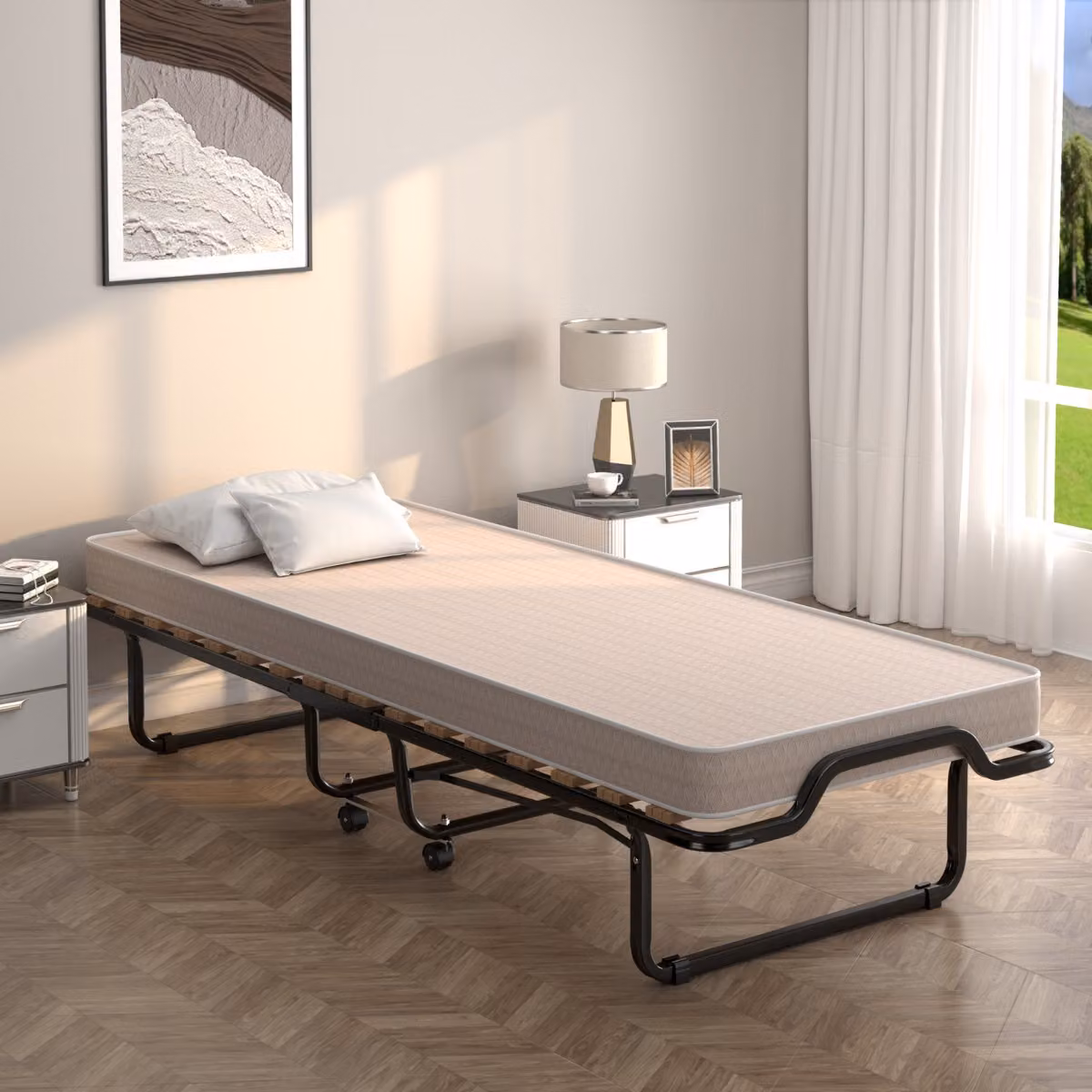 Lettino pieghevole Costway con materasso in memory foam e struttura in metallo, Beige, L/P: 200 x 90 cm – 3