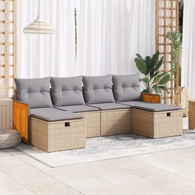 Set Divano da Giardino a L vidaXL da 6 pezzi con Cuscini Beige e Struttura in Acciaio e Legno di Acacia