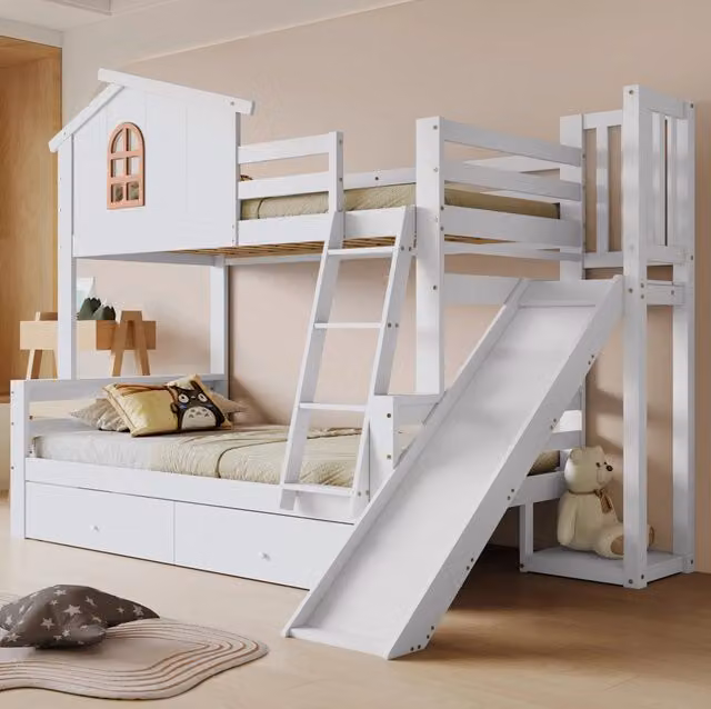 Letto a castello con finestra; scivolo; 2 cassetti e scala a 4 gradini; bianco; 90x200/120x200 cm