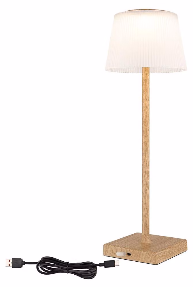 Lampada da tavolo a LED, touch dimmer, batteria ricaricabile USB, aspetto legno, H 38 cm