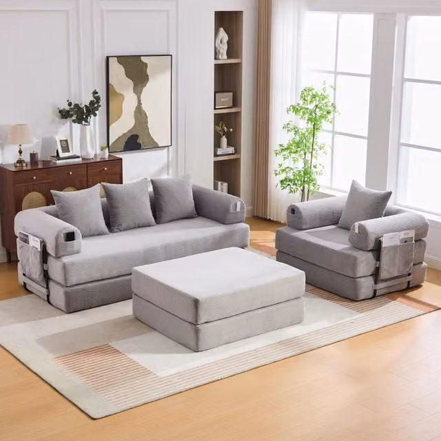 Sofa modulare Zephmum grigio con poggiapiedi, struttura in metallo e cuscini, L/P/H: 190 x 200 cm