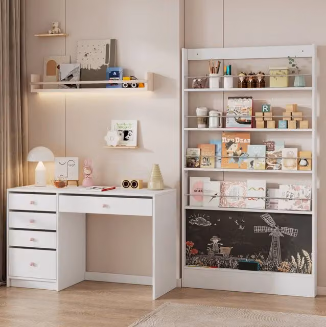 Set scrivania e libreria per bambini con lavagna; MDF; bianco