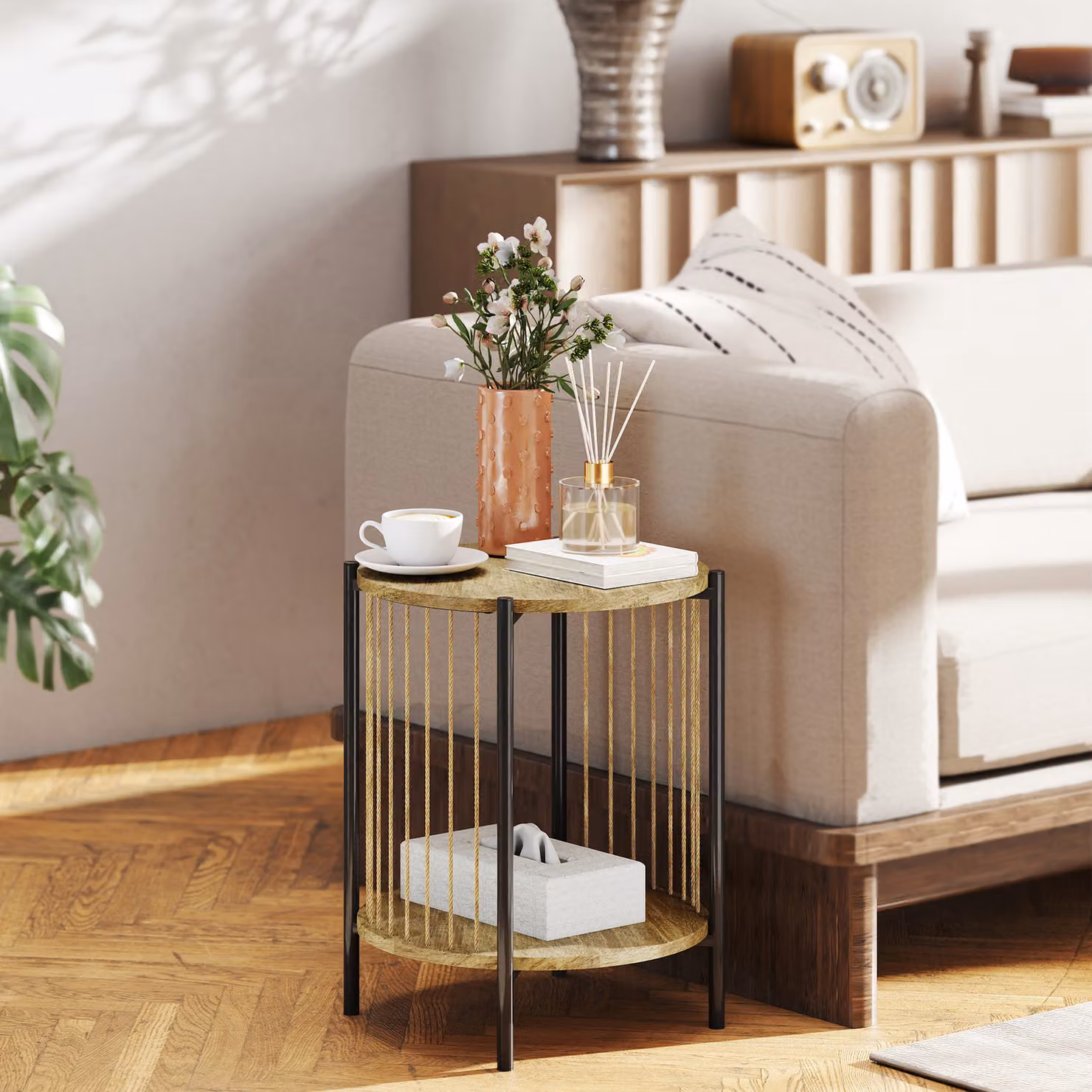 Tavolino rotondo a 2 livelli HOMCOM in legno e metallo, colore naturale e marrone, L/P/H: 43,5 x 43,5 x 51 cm – 2