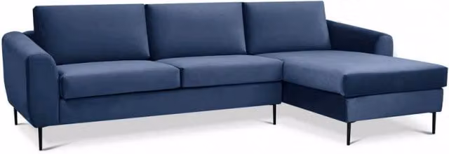 Divano con chaise longue Gregory Cosma in tessuto blu o grigio con struttura in metallo e cuscini inclusi – 1