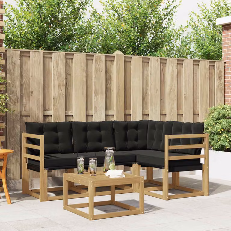 Set di divani da esterno vidaXL 5 pezzi in legno di acacia con tavolino e cuscini, composizione a L con rivestimento in textilene bianco, nero e marrone