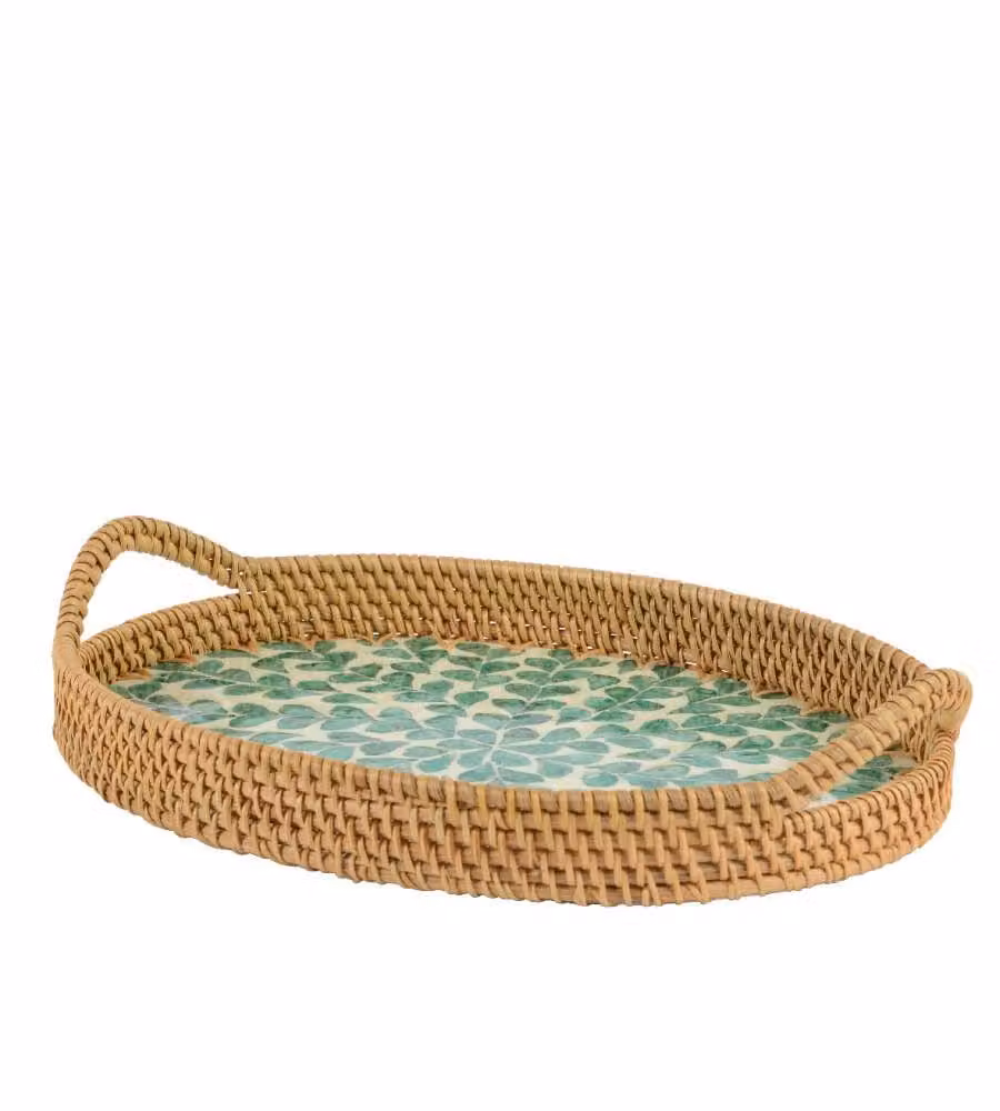 Vassoio Ovale Rattan con Manici 36x24x4 cm - Decoro Foglie Verdi