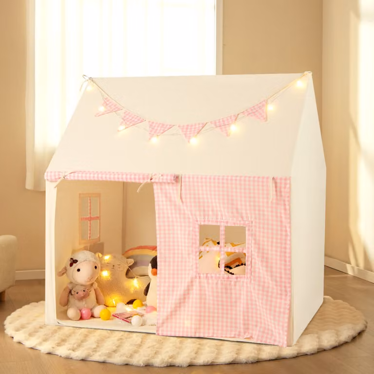 Casetta tenda da gioco Costway per bambini con tappetino imbottito, finestre traspiranti e tasche, Rosa, L: 127 cm, P: 125 cm, H: 100 cm