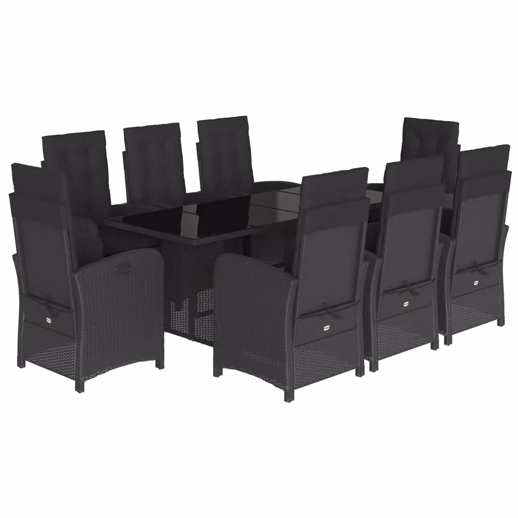 Set da pranzo da giardino moderno vidaXL in polyrattan nero con cuscini e tavolo in vetro L: 190 cm, P: 80 cm, H: 74 cm – 2