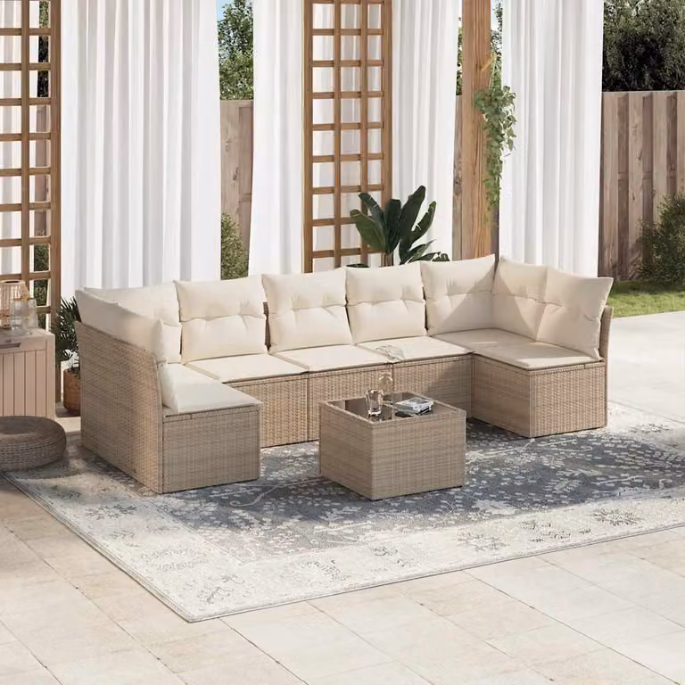 vidaXL Set Divano da Giardino a L 8 pz con Cuscini Beige e Tavolino in Polyrattan e Metallo