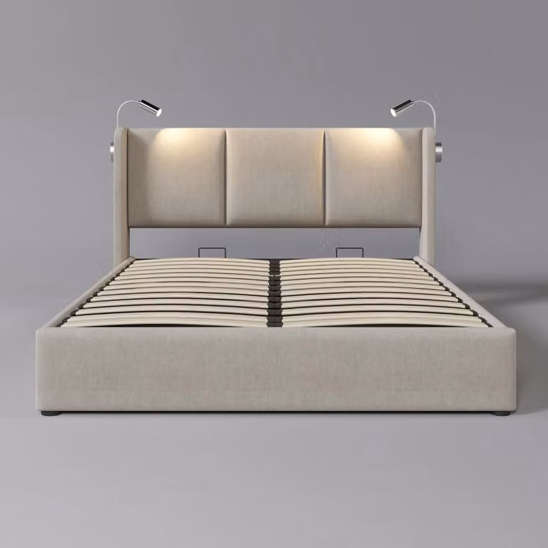 Struttura del letto imbottita - 140 x 200 cm - Con spazio contenitivo - Presa USB - Retino - Tessuto di lino beige