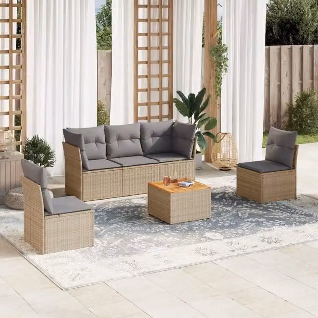 vidaXL Set Divano da Giardino a L in Polyrattan con Cuscini Beige e Grigio, 6 Pezzi