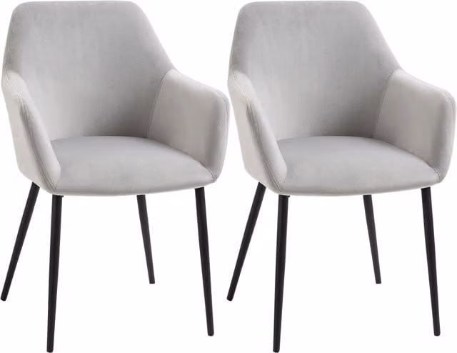 Set di 2 sedie da soggiorno HOMCOM imbottite in velluto grigio con braccioli ricurvi e gambe in acciaio, L: 54 cm, P: 57 cm, H: 80 cm