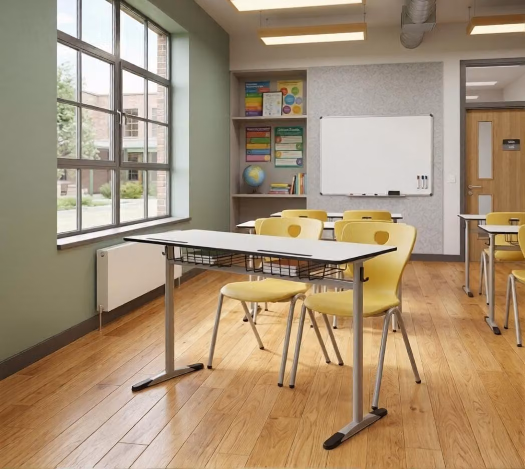 Set scolastico moderno ed ergonomico: banco da scuola grigio, sedia gialla a due posti