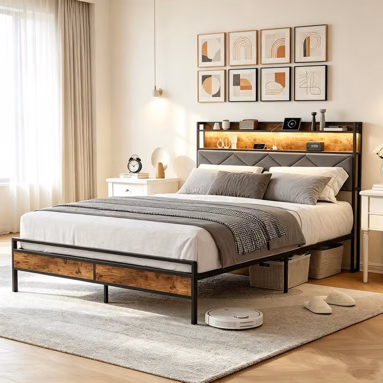 Letto matrimoniale INONEF 140x200 con LED e porta USB-C, struttura in metallo con testiera imbottita e spazio contenitivo, letto a rete con spazio contenitivo sottostante, colore grigio