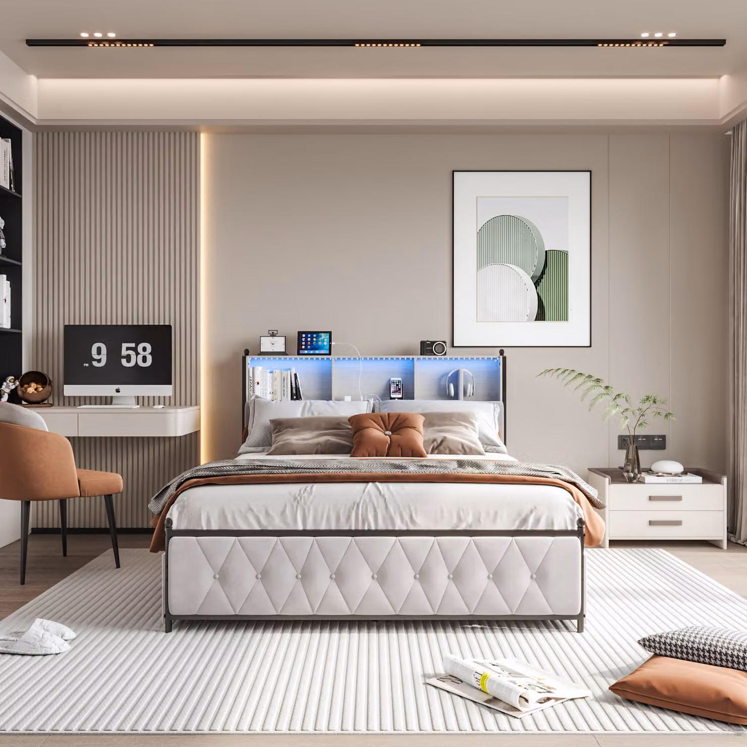 Letto imbottito 140 x 200 cm con illuminazione a LED e porta di ricarica USB, con 4 cassetti, beige