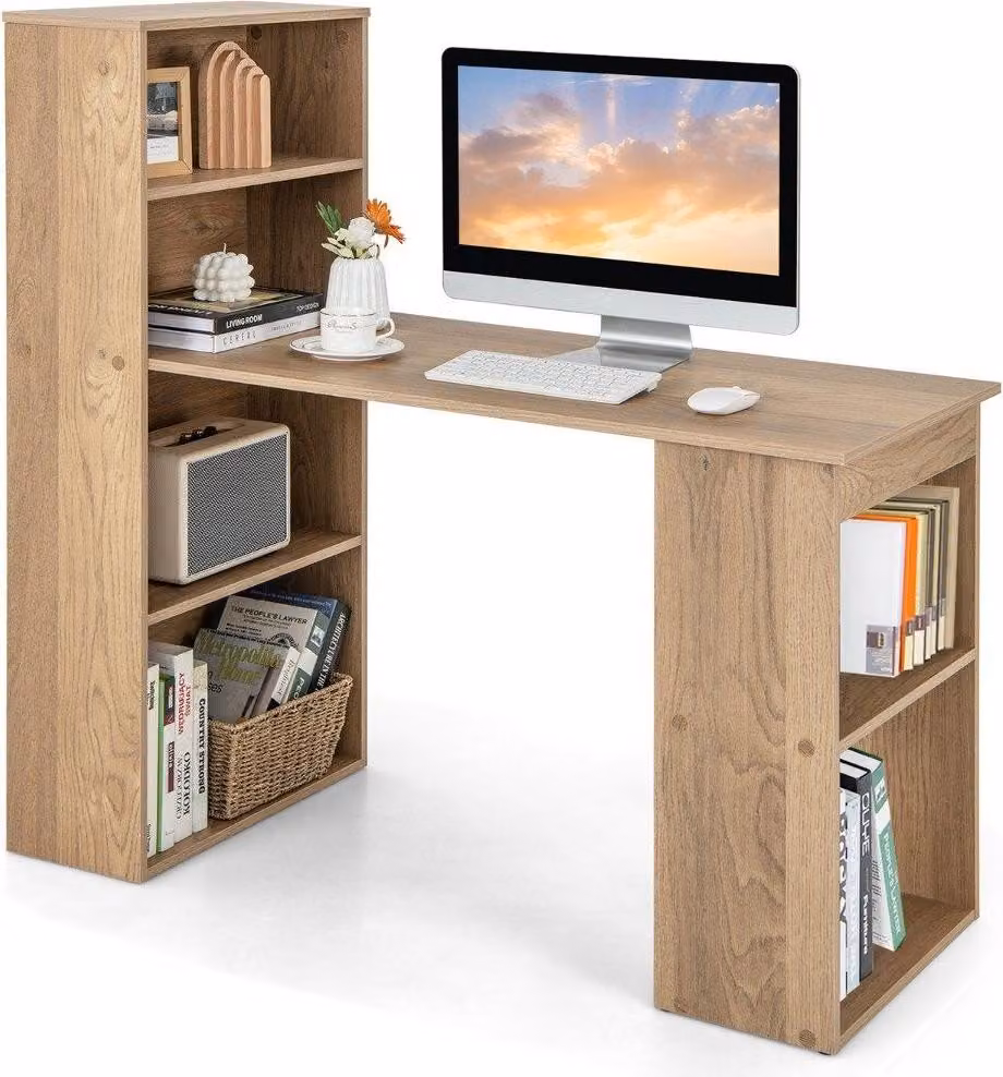 Scrivania per computer con 6 ripiani - Finitura in legno naturale
