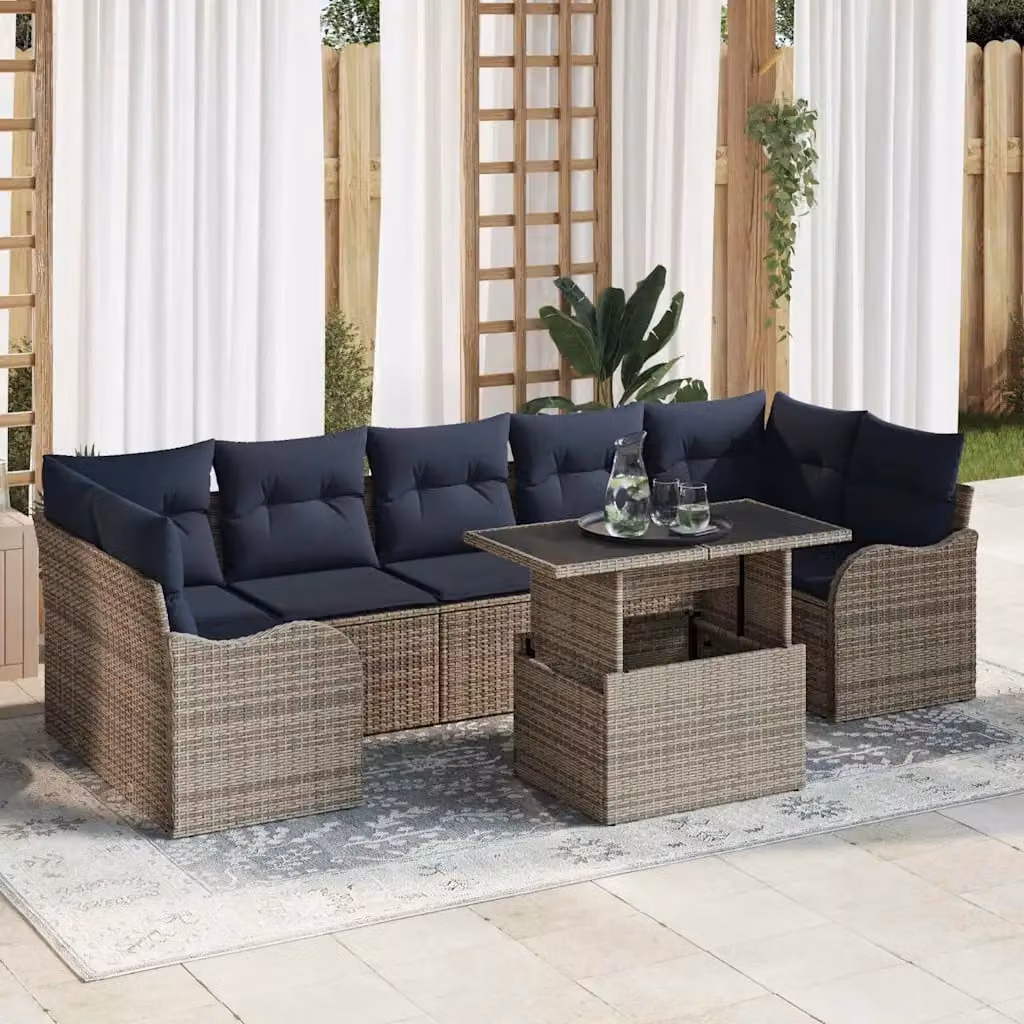 Set Divano da Giardino vidaXL 8 pz in Polyrattan Moderno Grigio e Blu Navy con Tavolo in Vetro