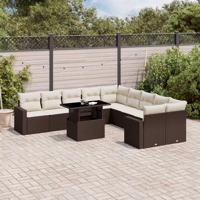 Set di Divani da Giardino vidaXL 11 pz con Cuscini e Tavolino in Polyrattan Marrone e Bianco