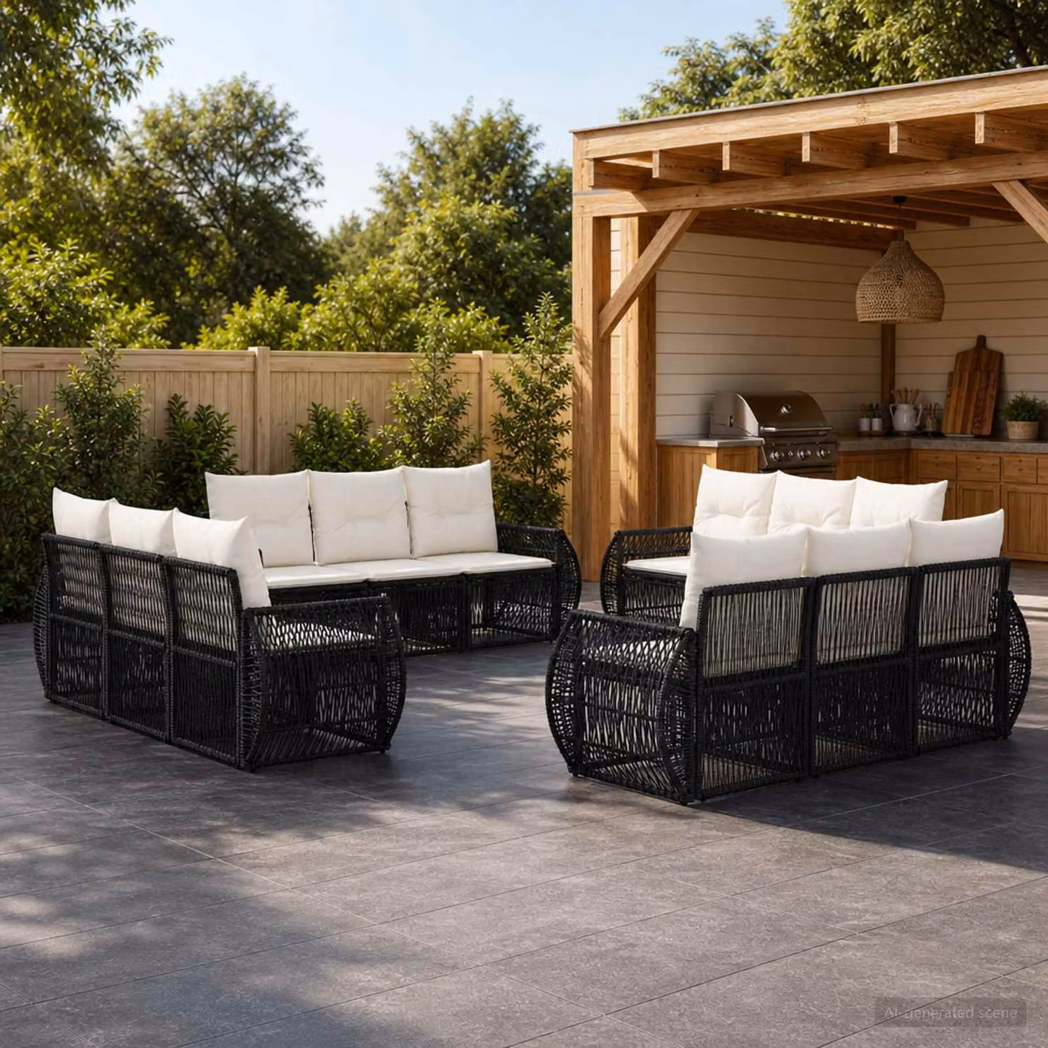 Set Divano da Giardino a Forma di U vidaXL in Polyrattan con Cuscini Imbottiti Nero e Bianco Crema