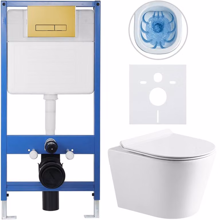 CERANO - Set completo per WC da incasso Lite/Norbi - bianco lucido - Pulsante WC Slim, dorato - Installazione a parete/cartongesso - 48,5x36,5 cm