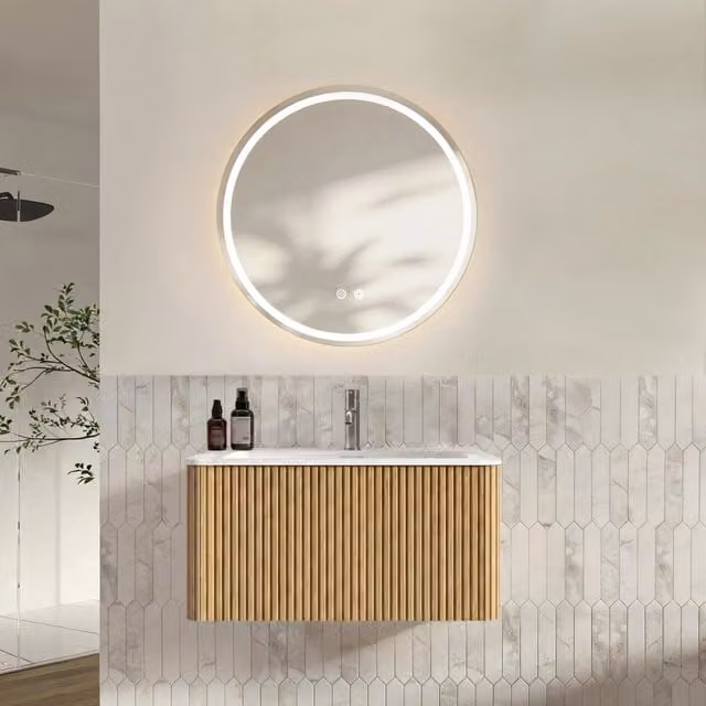Set Mobile Bagno 80 cm: Lavabo con Mobile Sospeso e 1 Cassetto, Specchio LED Rotondo 80 cm, Colore Rovere, Preassemblato