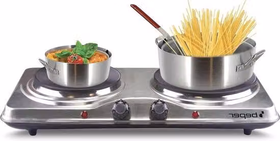 Piastra elettrica per cucina - Doppia fiamma - Cucina in loco - 5 livelli di temperatura - 2 piastre - Argento