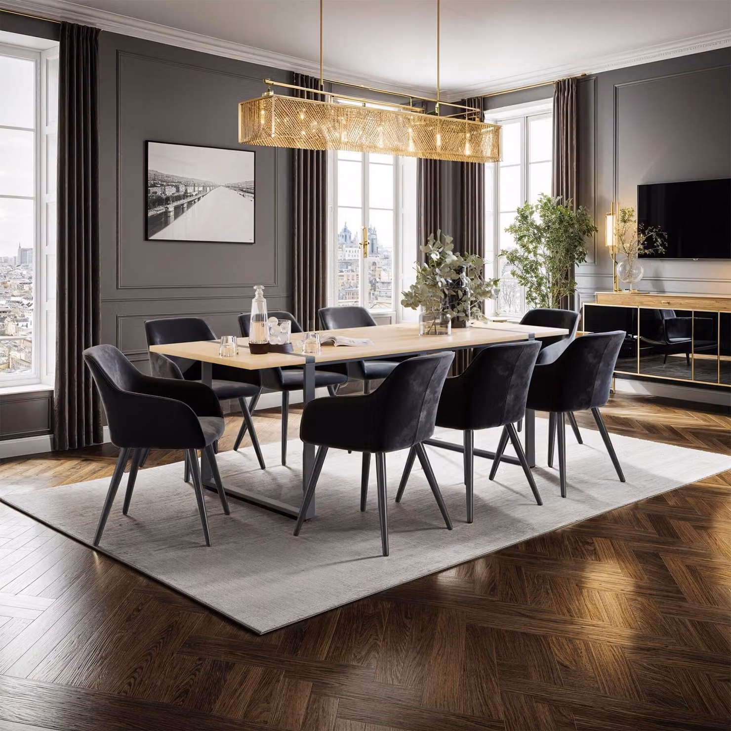 Set di 4 sedie moderne tectake in velluto nero con gambe in metallo nero per soggiorno e sala da pranzo – 3