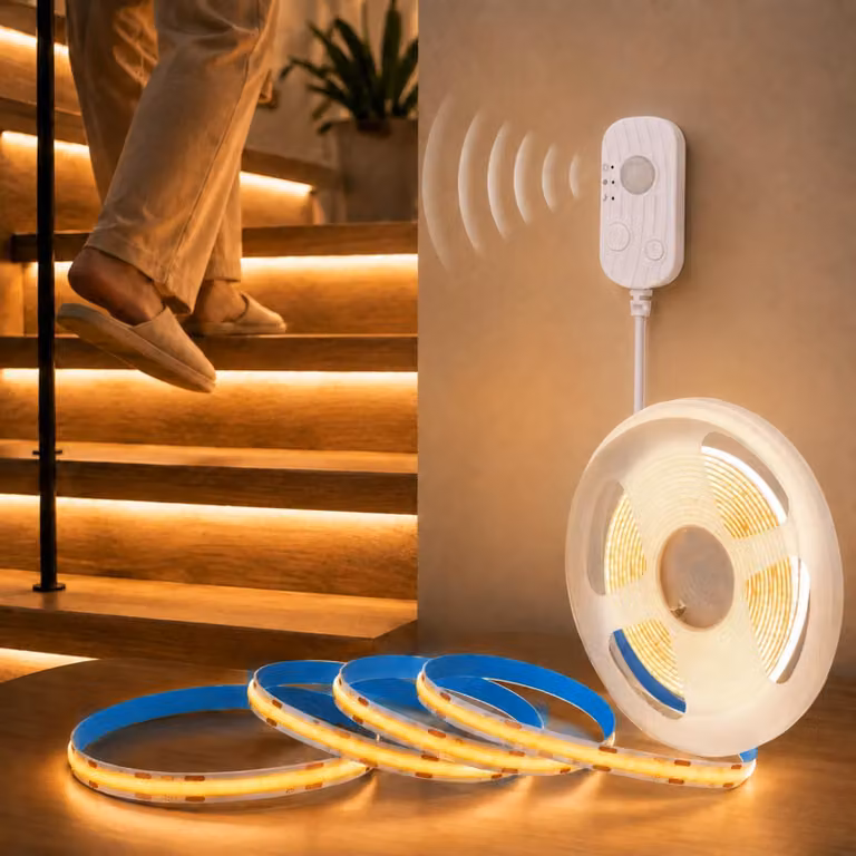 Striscia LED COB con sensore di movimento, 2 metri, alimentazione USB 5V, luce calda 2700K, 640 LED, dimmerabile