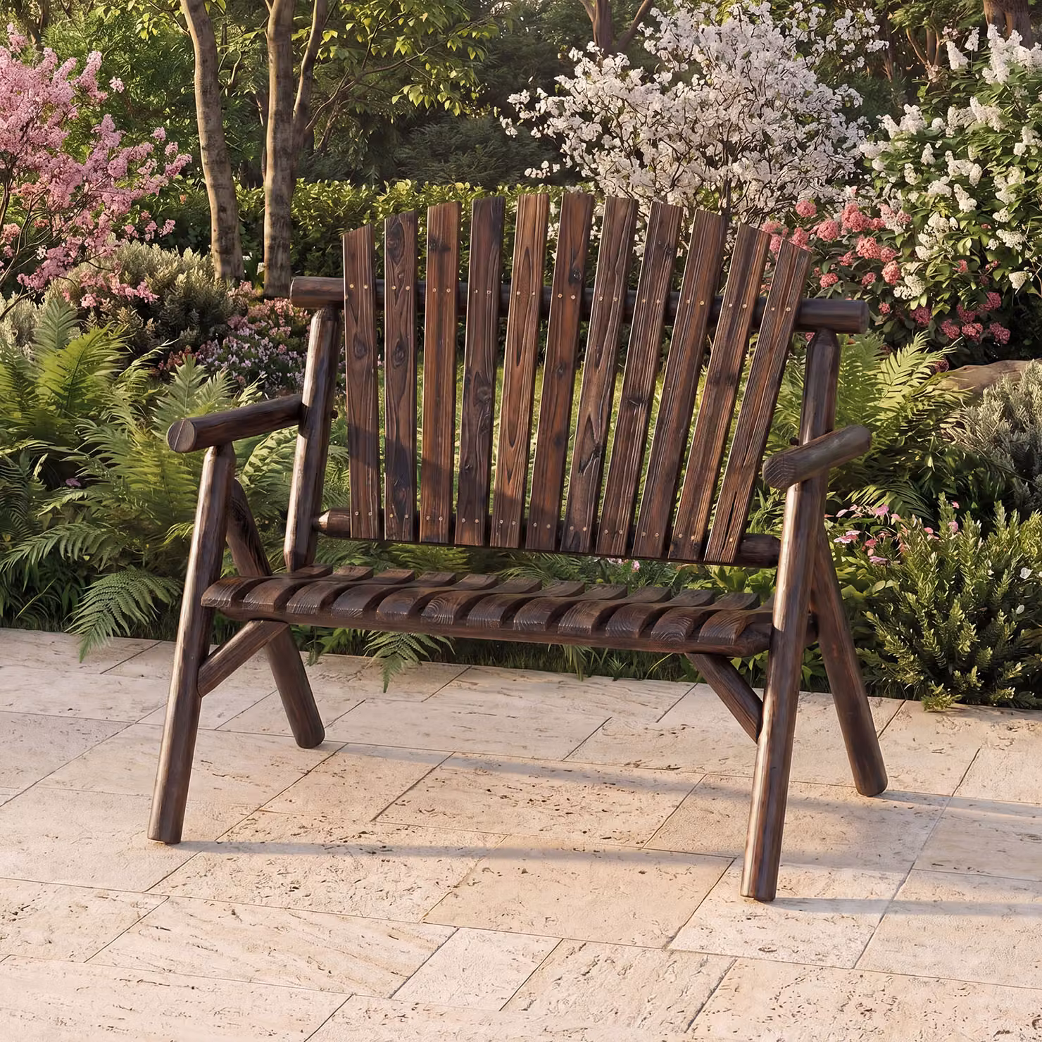 Panca da giardino Adirondack Costway a 2 posti in legno marrone con braccioli e schienale alto