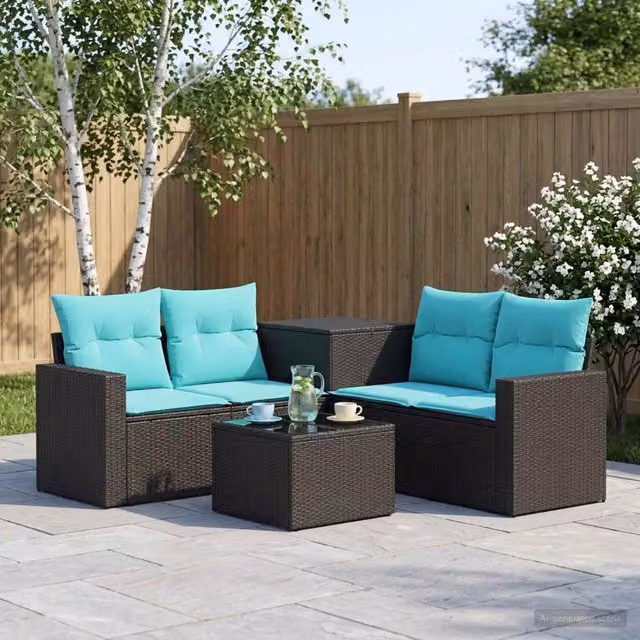 Set di mobili da giardino vidaXL composto da 6 pezzi in polyrattan e metallo con cuscini inclusi, colore nero e blu
